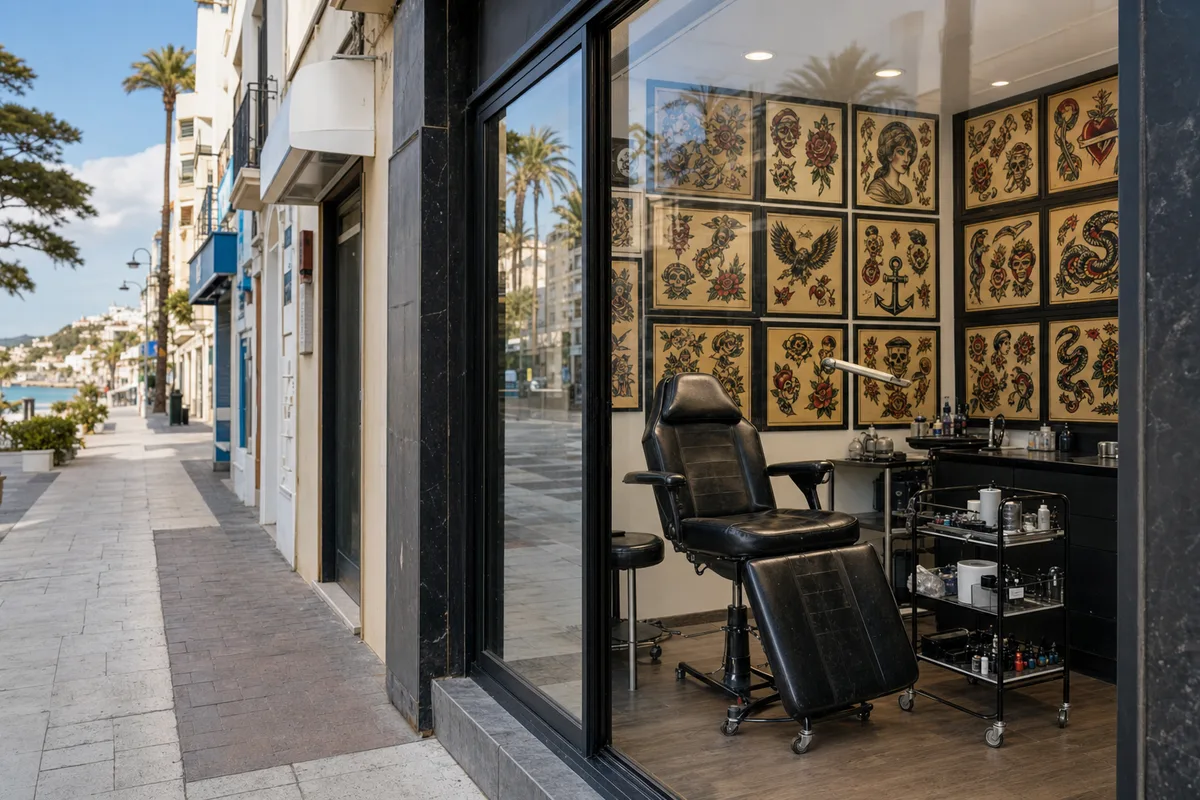 Vue extérieure d&rsquo;un studio de tatouage dans une rue commerçante en bord de mer