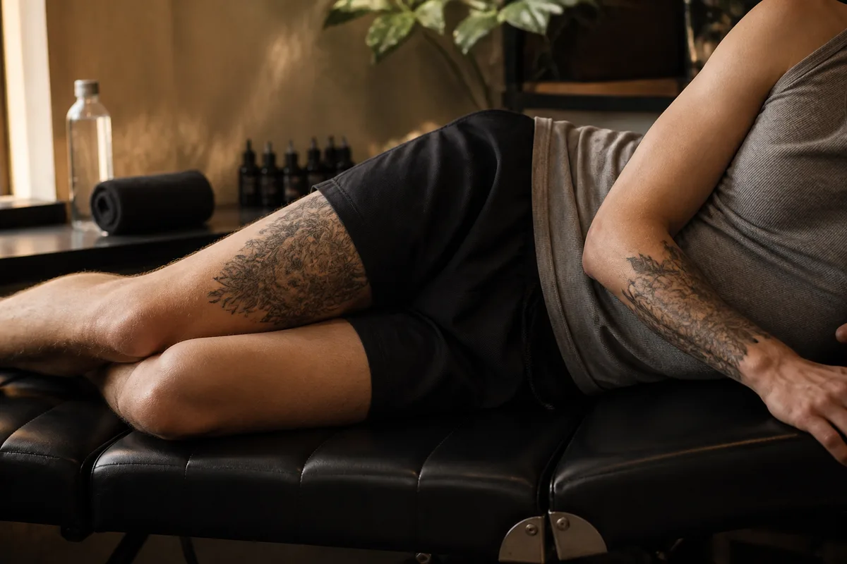 Cuisse et avant-bras d&rsquo;un client installé sur une table de tatouage, lumière chaude rasante