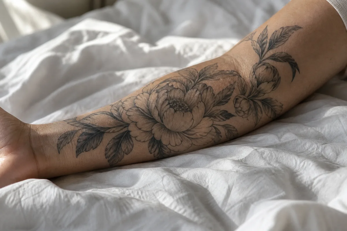 Avant-bras tatoué d&rsquo;un motif floral posé sur un drap blanc, lumière naturelle rasante