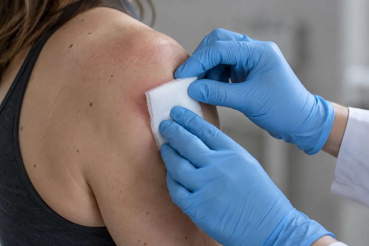Mains gantées de latex appliquant une compresse blanche sur une épaule, cadrage serré