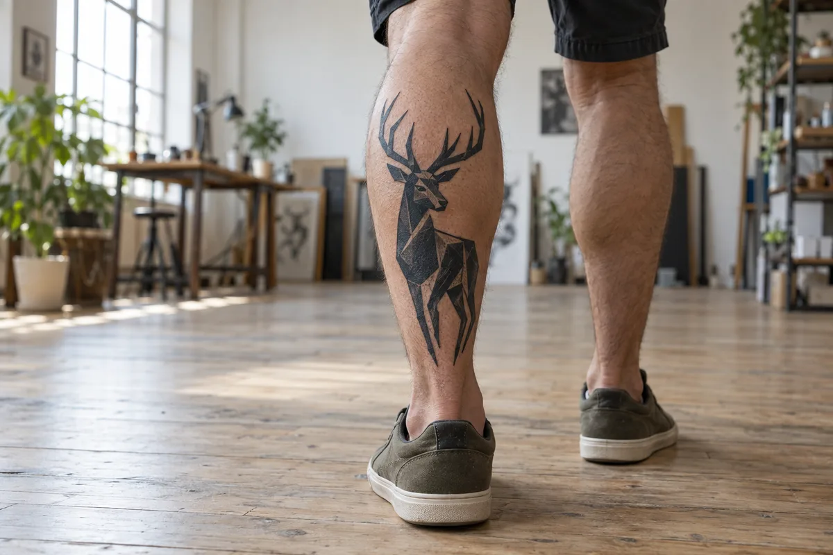 Mollet tatoué d&rsquo;un animal stylisé en aplats noirs, personne vue de dos dans un atelier clair
