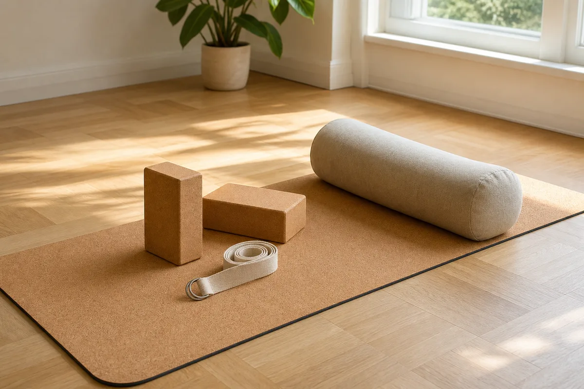 Tapis de yoga en matière naturelle avec briques, sangle et bolster posés au sol près d’une fenêtre