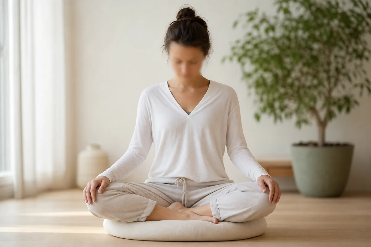 Personne assise en posture de relaxation, dos droit et mains sur les genoux, respiration calme